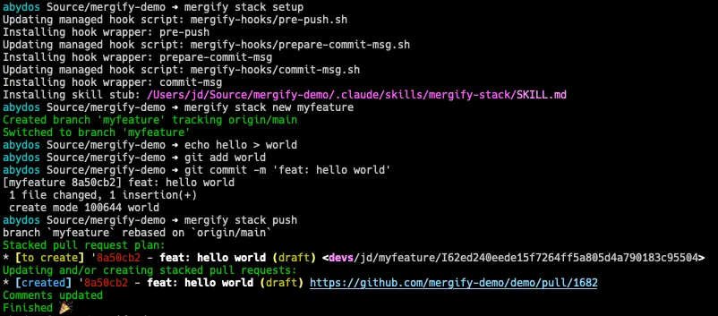 Terminal showing mergify stack setup, new, and push